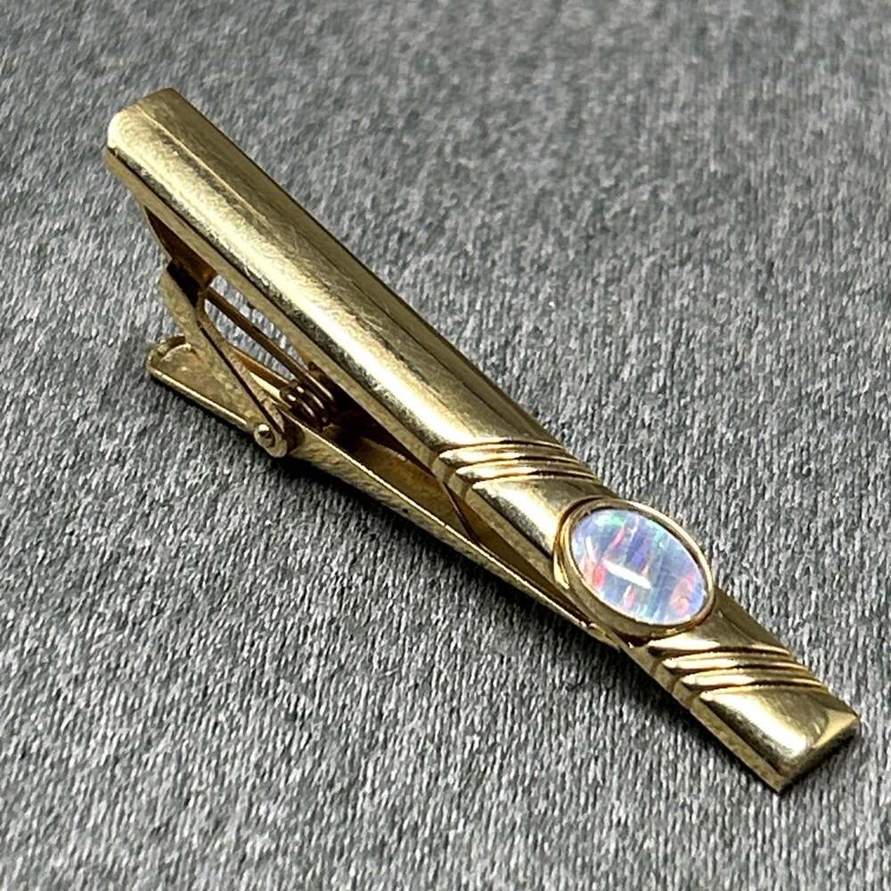 Mens Gold Tone Tie Bar Tie Clasp Opal Stone Slide Clasp Minimalist Jewelry